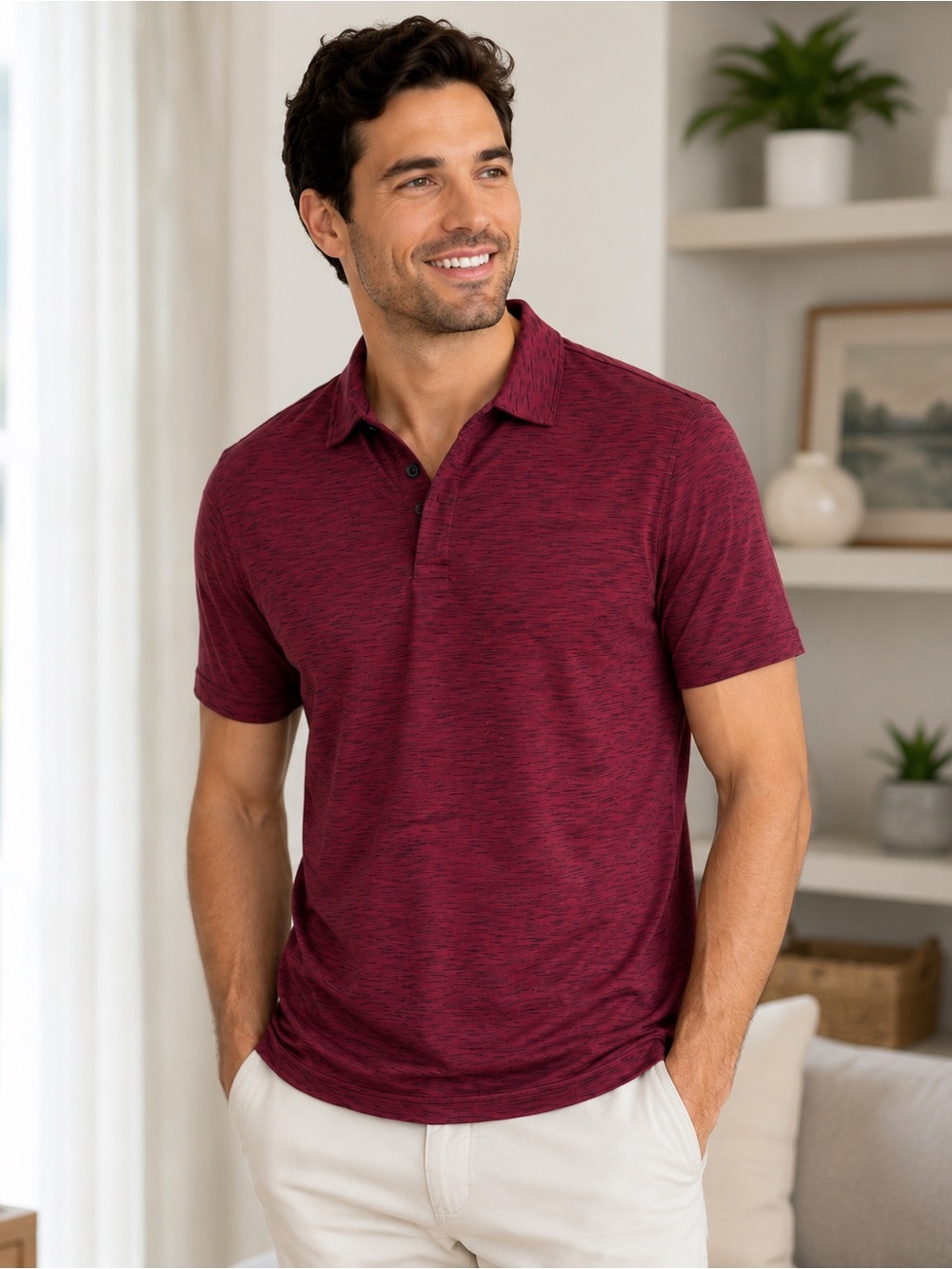 Alfani Men’s Stretch Polo Shirt XL Burgundy Heathered Space-Dye Short Sleeve - Picture 3 of 4